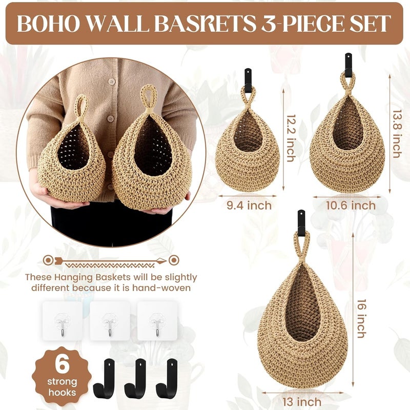 OGOTEZ Wall Hanging Baskets for Organizing - 3 Pack Hanging Fruit Basket with 6 Pcs Strong Hooks, Handwoven Onion Storage Teardrop Home Onion Basket for Fruits Vegetable Potato Kitchen Storage(Light Linen) - Image 4